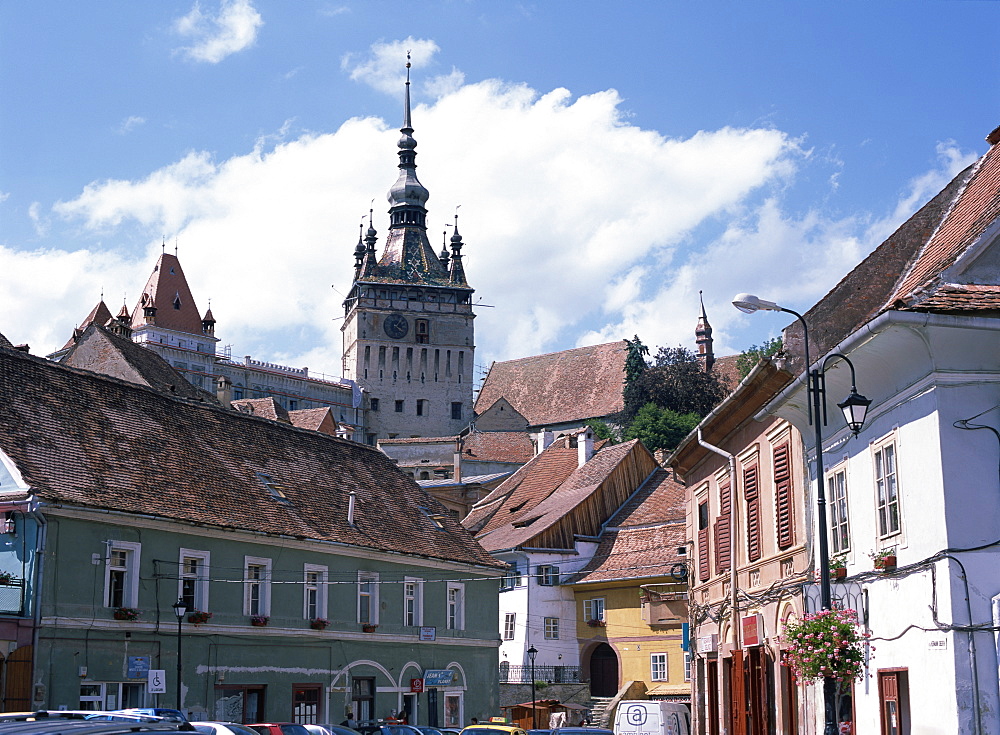 Clock tower, on old town citadel, from Piata Hermann Oberth, Sighisoara, UNESCO World Heritage Site, Transylvania, Romania, Europe