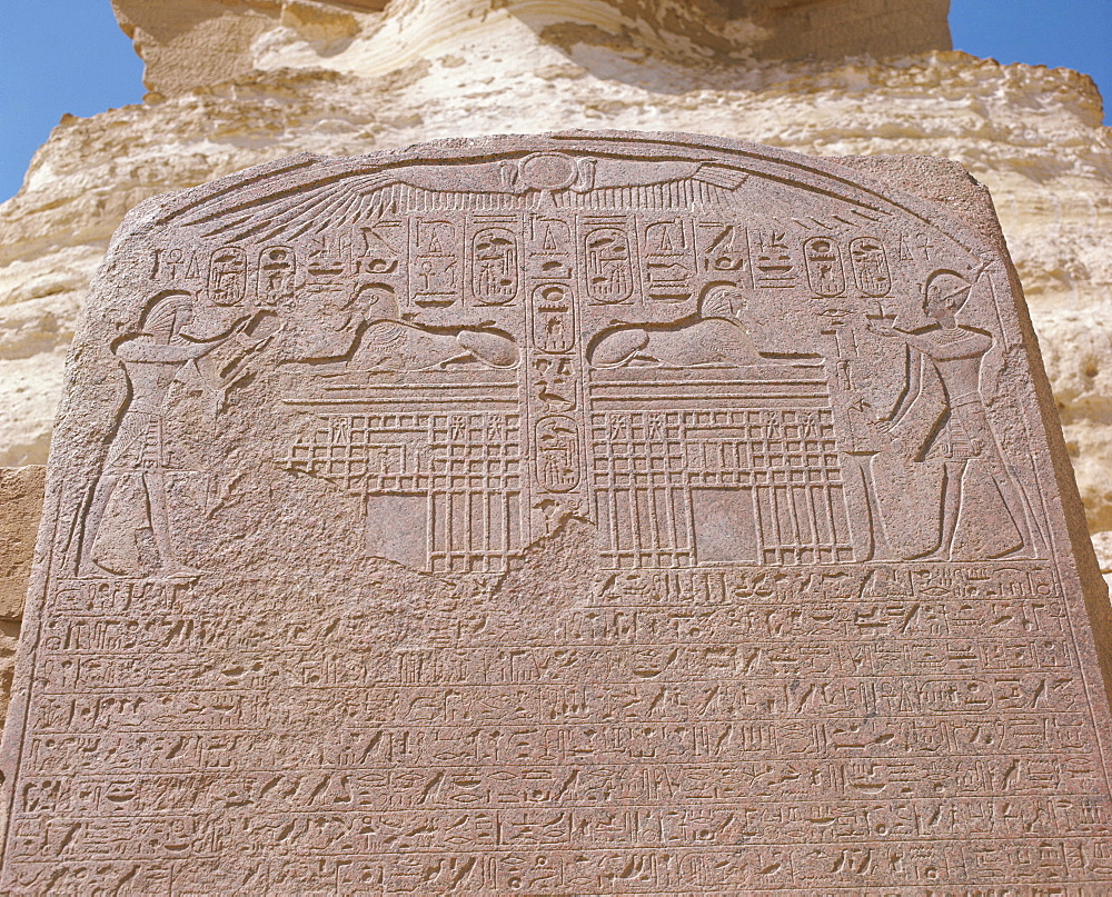 Close-up of the carved stela in front of the Great Sphinx at Giza, UNESCO World Heritage Site, Egypt, North Africa, Africa