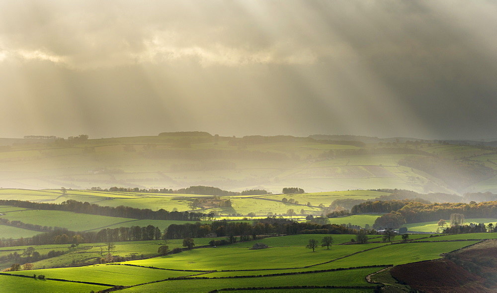 Sun illuminating fields in rural landscape in November, near Baslow, seen from Baslow Edge, Peak District, Derbyshire, England, United Kingdom, Europe