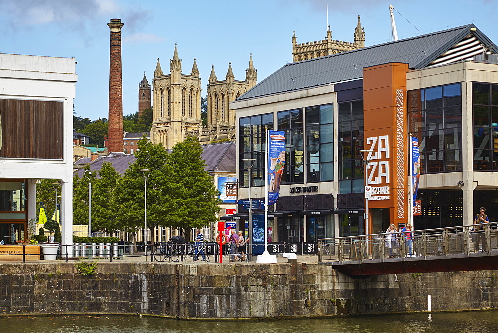 Looking towards Bristol Cathedral and Cabot Tower from the Docks, Bristol, England, United Kingdom, Europe