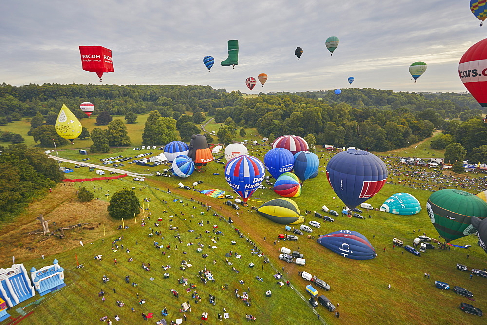 Hot-air balloons taking off from the festival site of the Bristol International Balloon Fiesta, held annually in August, Bristol, England, United Kingdom, Europe