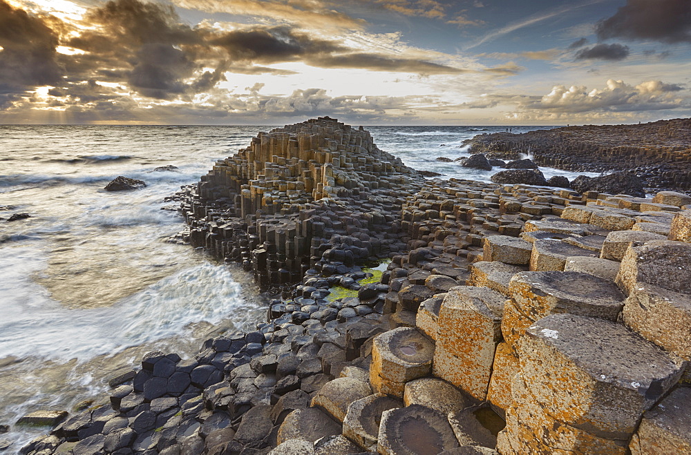 An evening view of the Giant's Causeway, UNESCO World Heritage Site, County Antrim, Ulster, Northern Ireland, United Kingdom, Europe