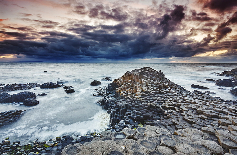 An evening view of the Giant's Causeway, UNESCO World Heritage Site, County Antrim, Ulster, Northern Ireland, United Kingdom, Europe