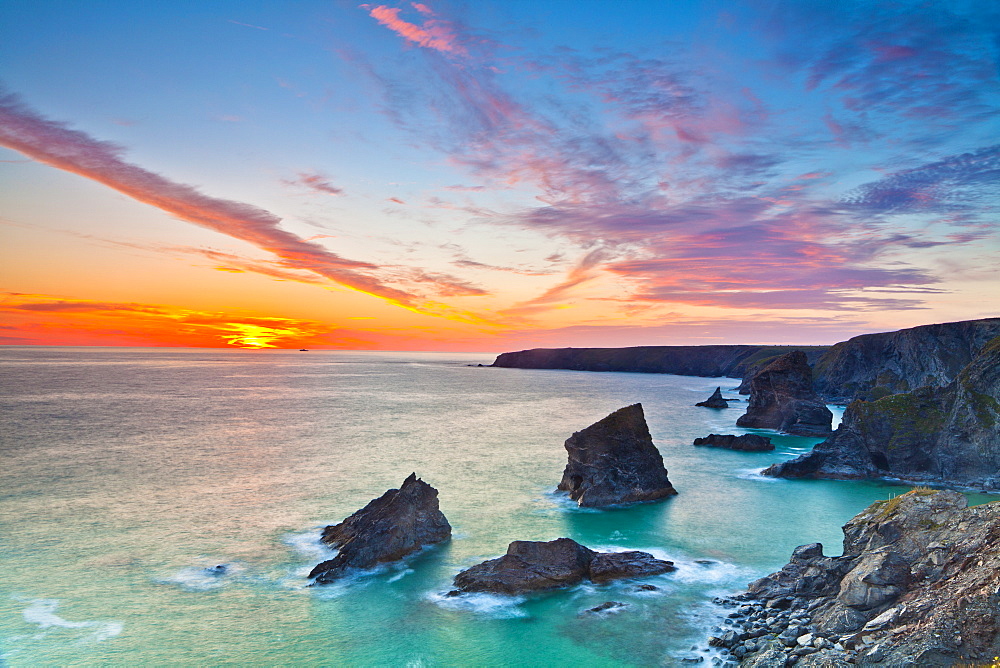 Sunset, Carnewas and Bedruthan Steps, Cornwall, England, United Kingdom, Europe