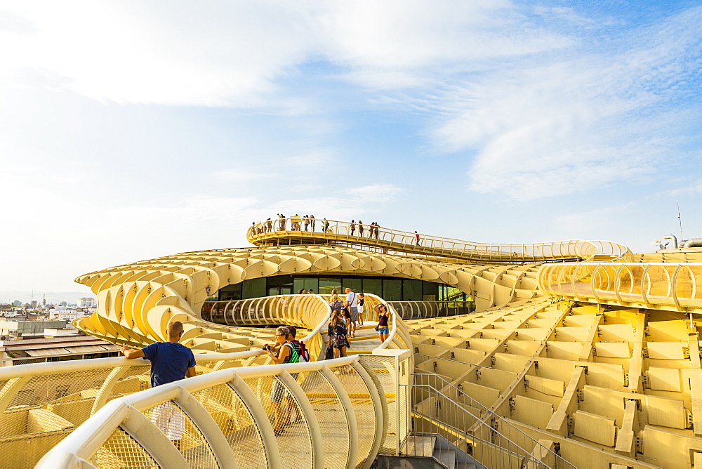 People looking at the view of city from the top of Metropol Parasol, Seville, Andalucia, Spain, Europe