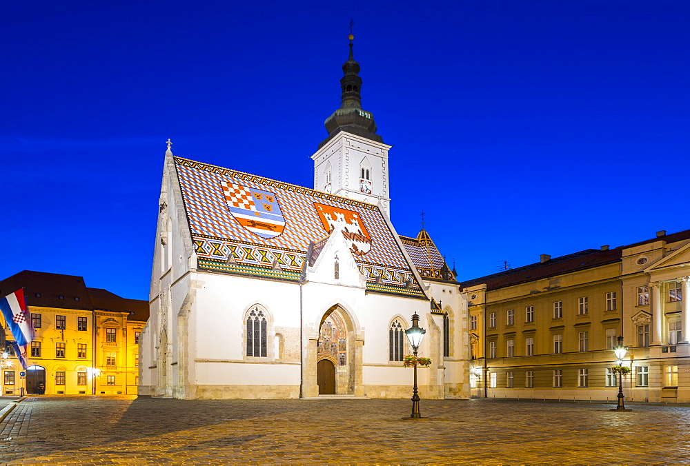 St. Mark's church on Market Square at night, Government Quarter, Upper Town, Zagreb, Croatia, Europe