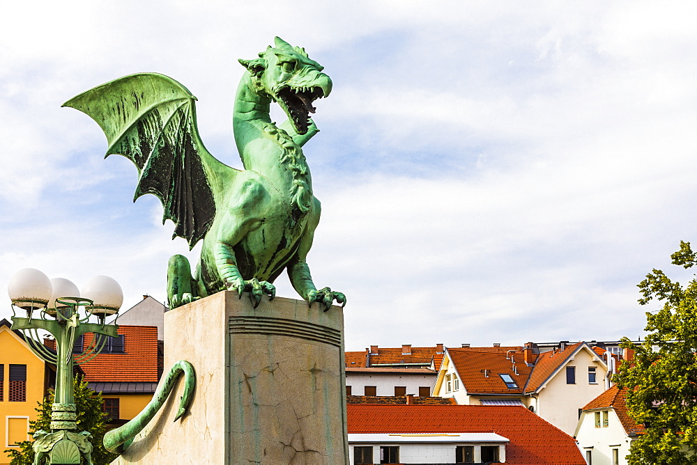 Dragon sculptures on Dragon Bridge, Ljubljana, Slovenia, Europe