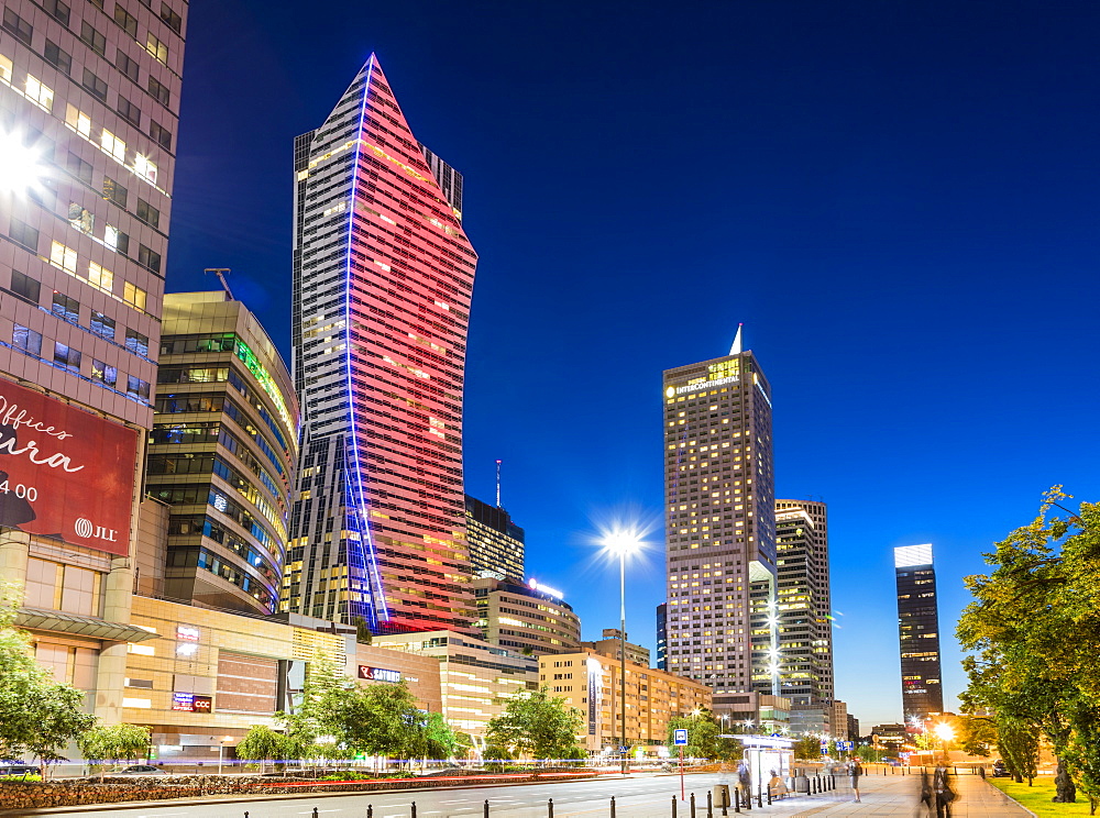 Skyscrapers at night, City Centre, Warsaw, Poland, Europe