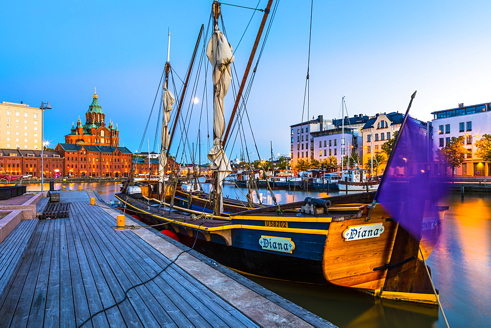 Yacht and Uspenski Cathedral in Helsinki, Uusimaa, Finland, Europe