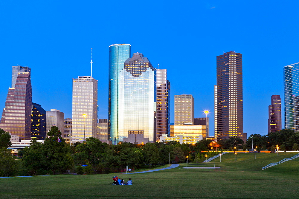 Houston skyline at night from Eleanor Tinsley Park, Texas, United States of America, North America