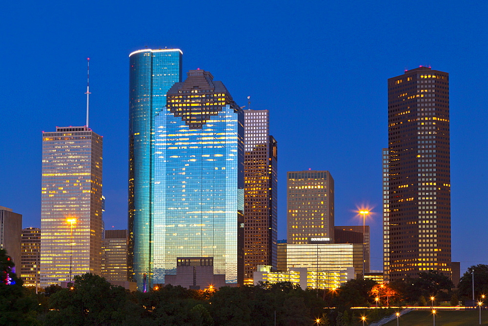 Houston skyline at night from Eleanor Tinsley Park, Texas, United States of America, North America