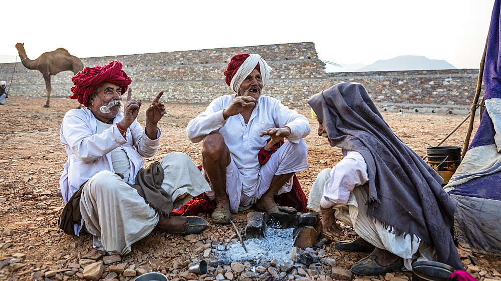 Camel herders early in the morning at the Pushkar Camel Fair, Pushkar, Rajasthan, India, Asia