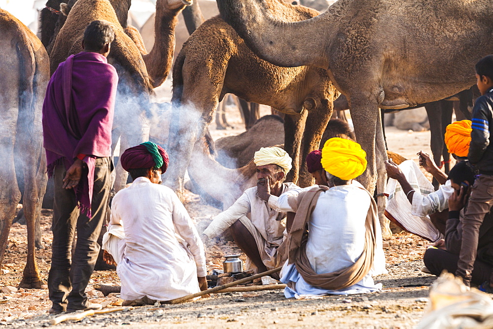 Camel herders at the Pushkar Camel Fair, Pushkar, Rajasthan, India, Asia