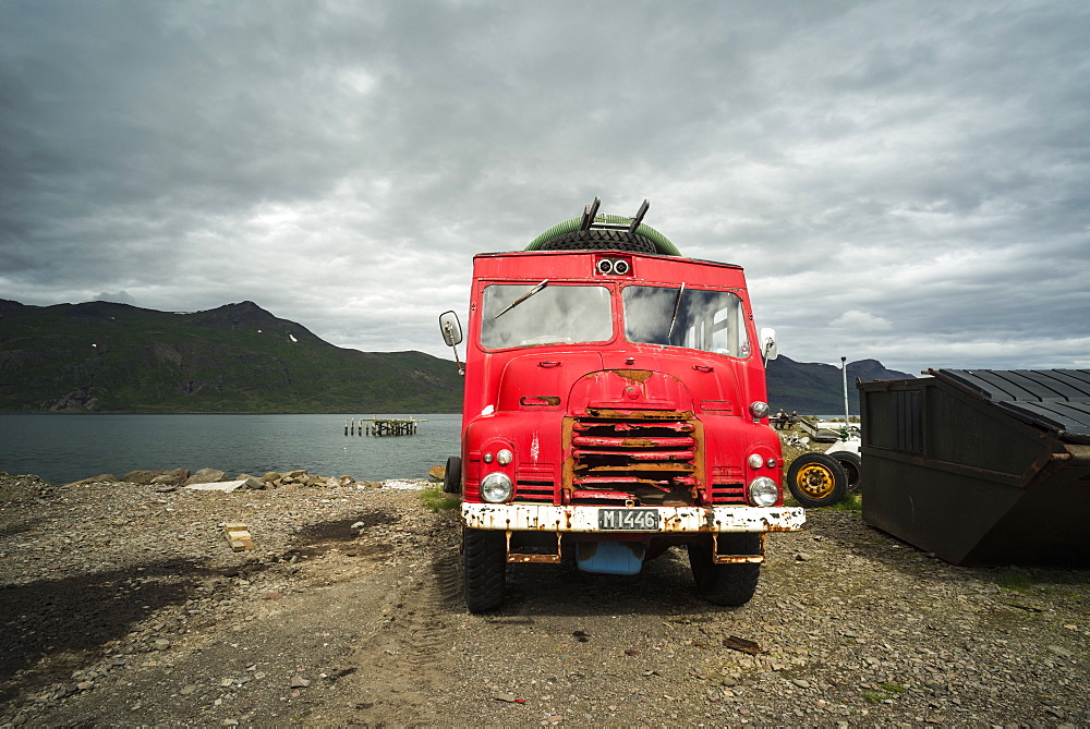 Old fire engine, Djupavik, Strandir Coast, Westfjords, Iceland, Polar Regions