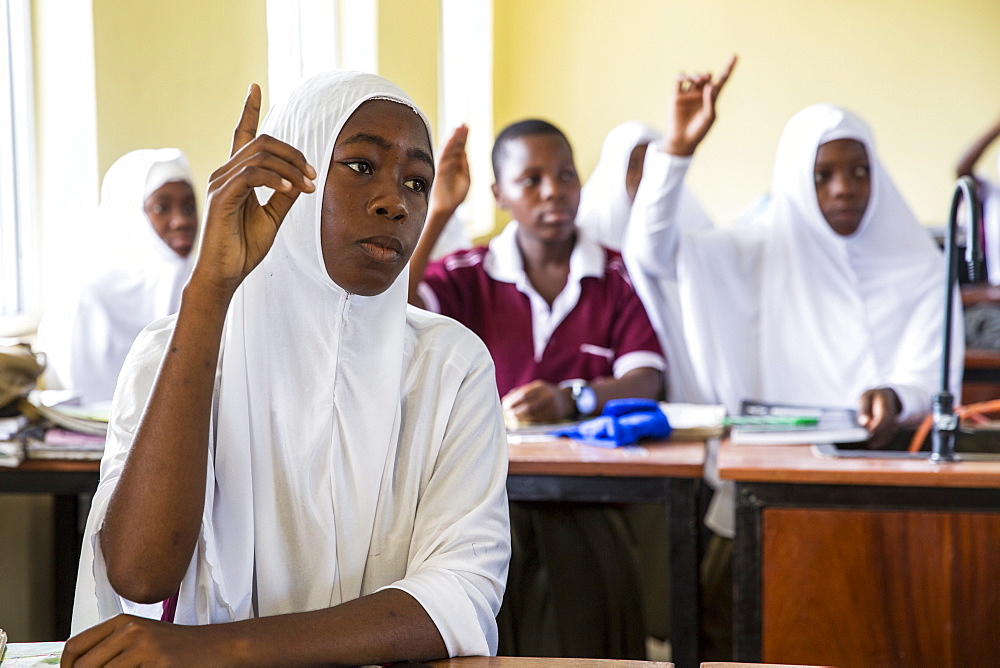 Student raise their hands during a class taken with VSO volunteer Paul Jennings and local teacher Rebecca Ngovano, Angaza school, Lindi, Tanzania, East Africa, Africa