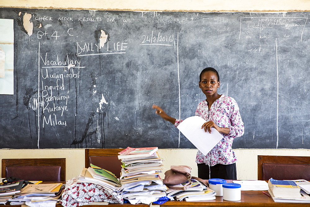 Local teacher Rebecca Ngovano during a training session for all the teachers in the school to improve teaching methodologies in classrooms, Angaza school, Lindi, Tanzania, East Africa, Africa