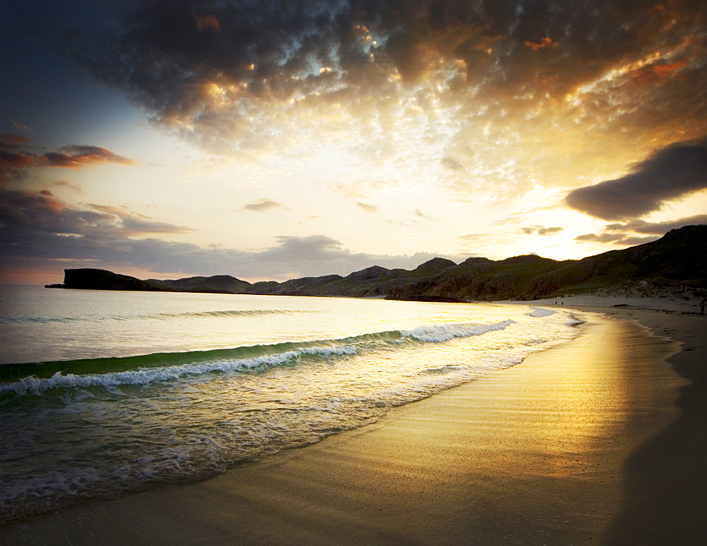 Oldshoremore beach at sunset, in the Scottish North West Highlands, Scotland, United Kingdom, Europe