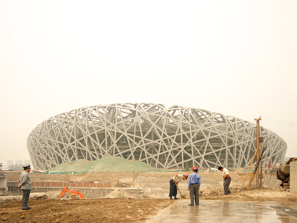 Building the Birds Nest Olympic stadium, Beijing, China, Asia