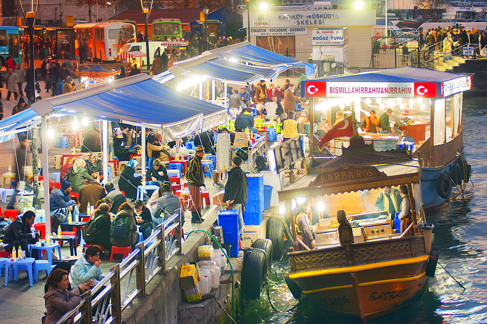 Floating traditional food stalls on the Bosphorus, Isanbul, Turkey, Europe