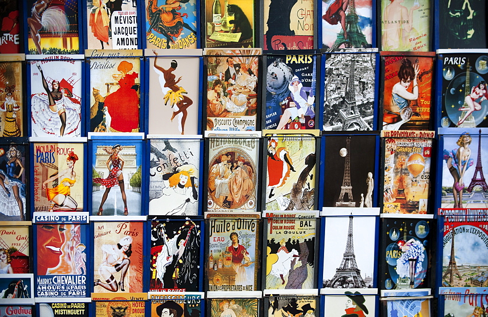 Postcards on the traditional stalls on the Seine, Paris, France, Europe