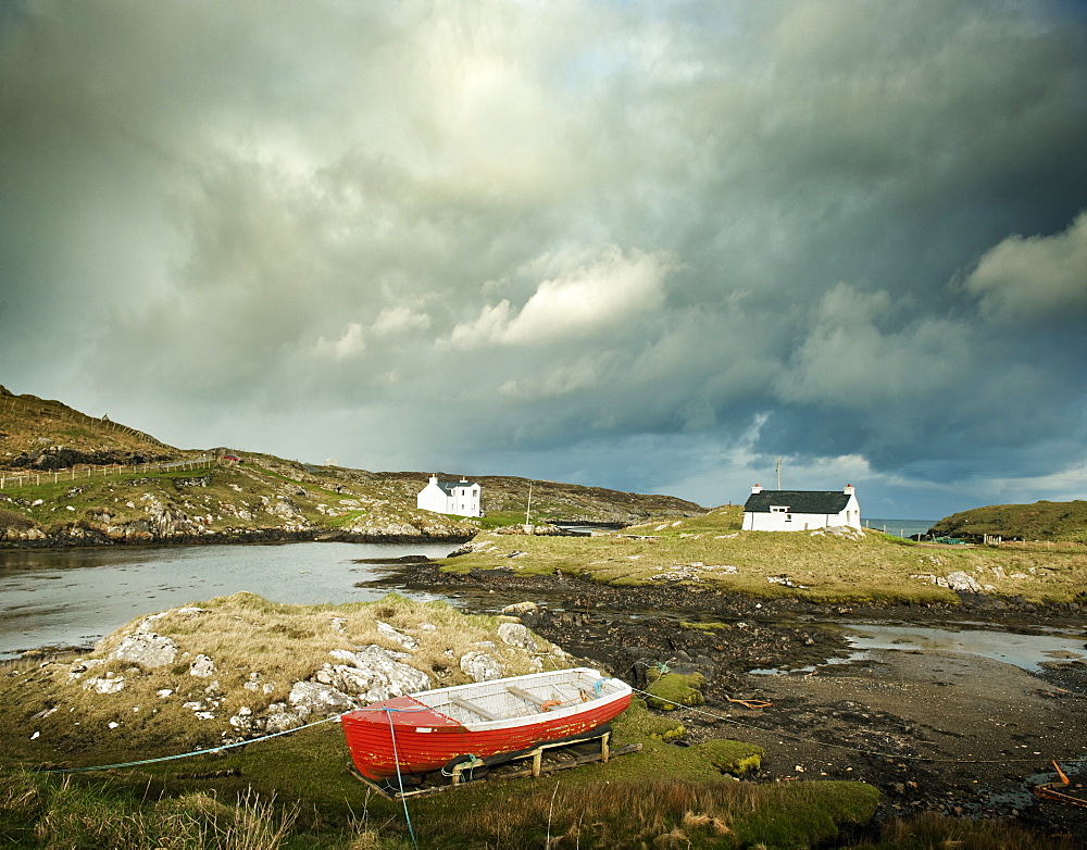 White cottages by the sea, Isle of Barra, Hebrides, Scotland, United Kingdom, Europe