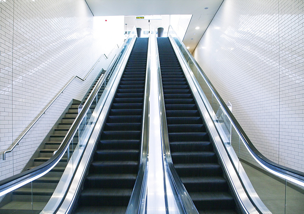 Tube station escalator and stairs, United Kingdom, Europe