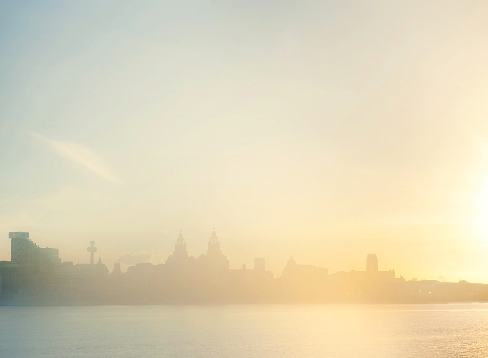 Skyline in the early morning mist, Liverpool, England, United Kingdom, Europe