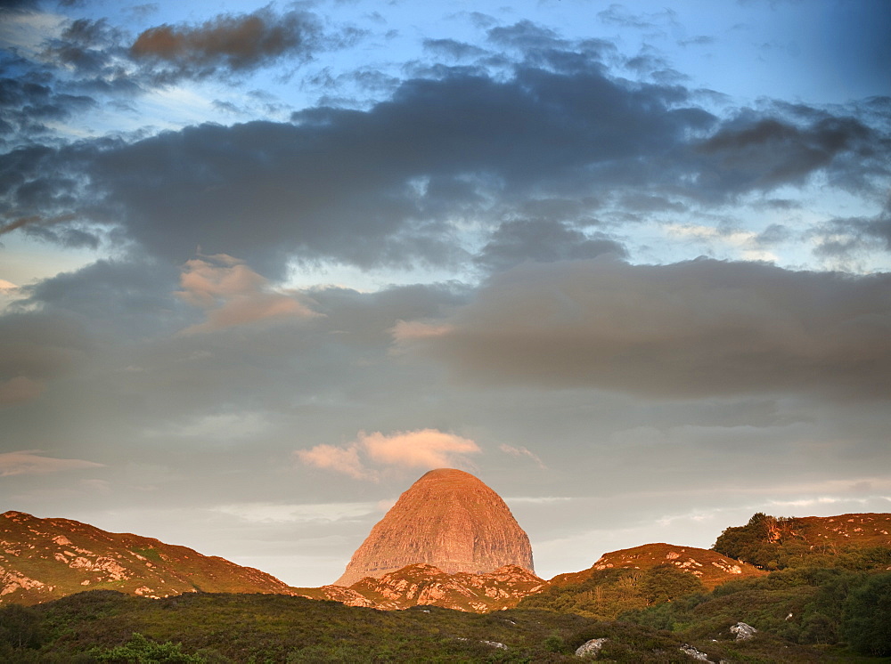 The distinct shape of Suilvan mountain in Assynt, Sutherland in the Highlands of Scotland, United Kingdom, Europe