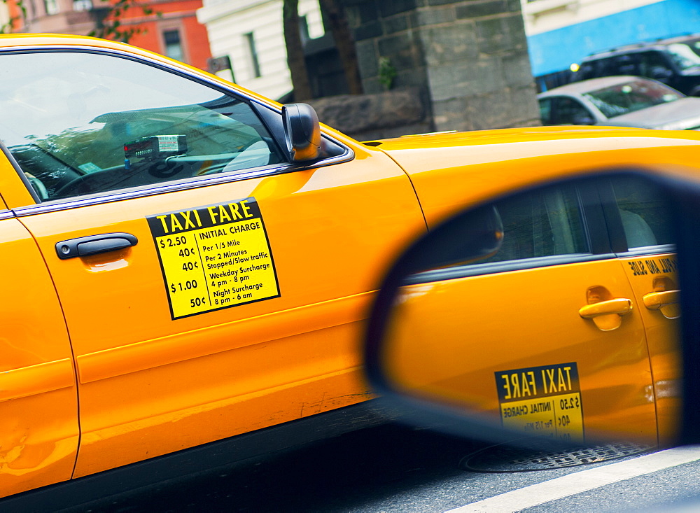 Traditional yellow taxi, New York City, United States of America, North America