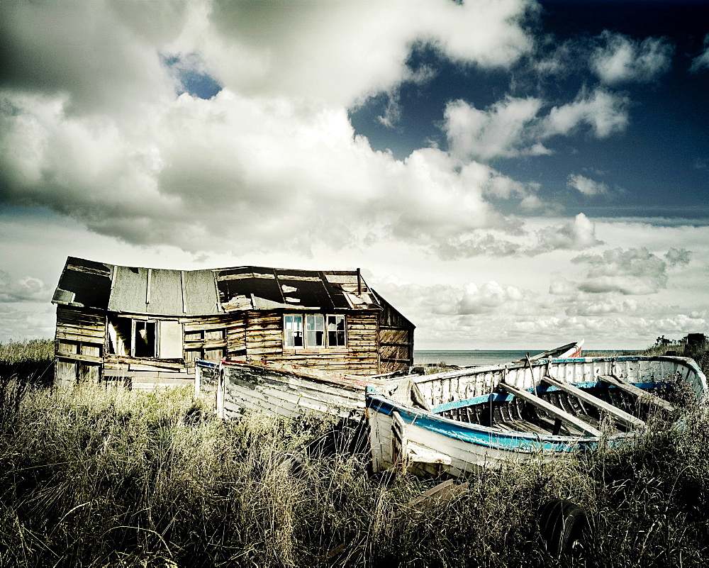 Old fishing boat and hut, Northumberland, England, United Kingdom, Europe