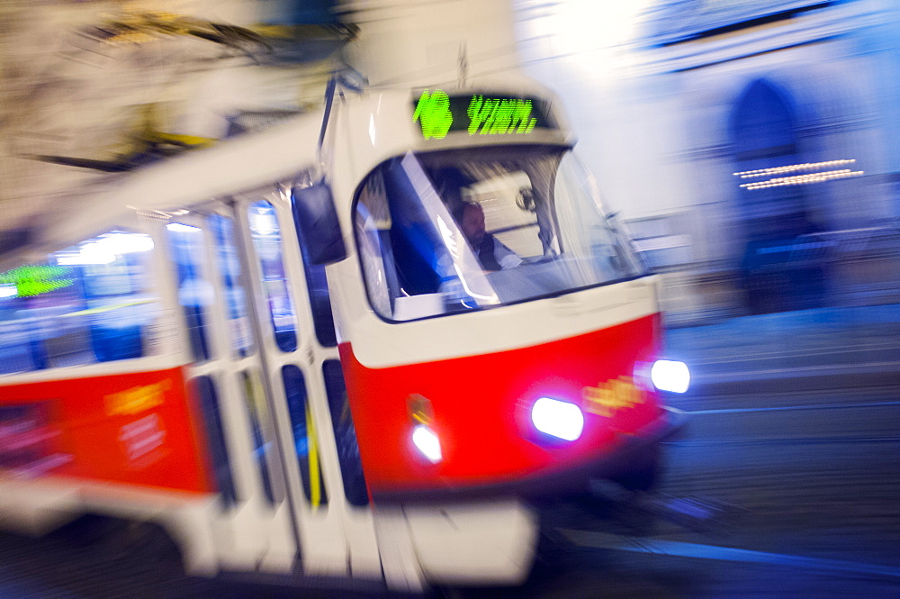 Tramcar at night, Prague, Czech Republic, Europe