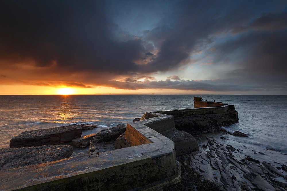 The Blocks (the ZigZag) breakwater at sunrise at the harbour of St. Monans in Fife, East Neuk, Scotland, United Kingdom, Europe