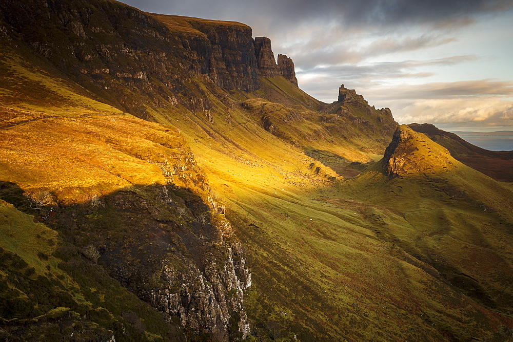 Sunset over the Trotternish Range from the Quiraing on the Isle of Skye, Inner Hebrides, Scotland, United Kingdom, Europe