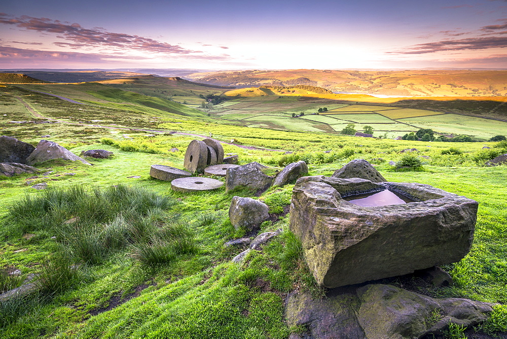 View over Stanage Edge millstones at sunrise, Peak District National Park, Derbyshire, England, United Kingdom, Europe