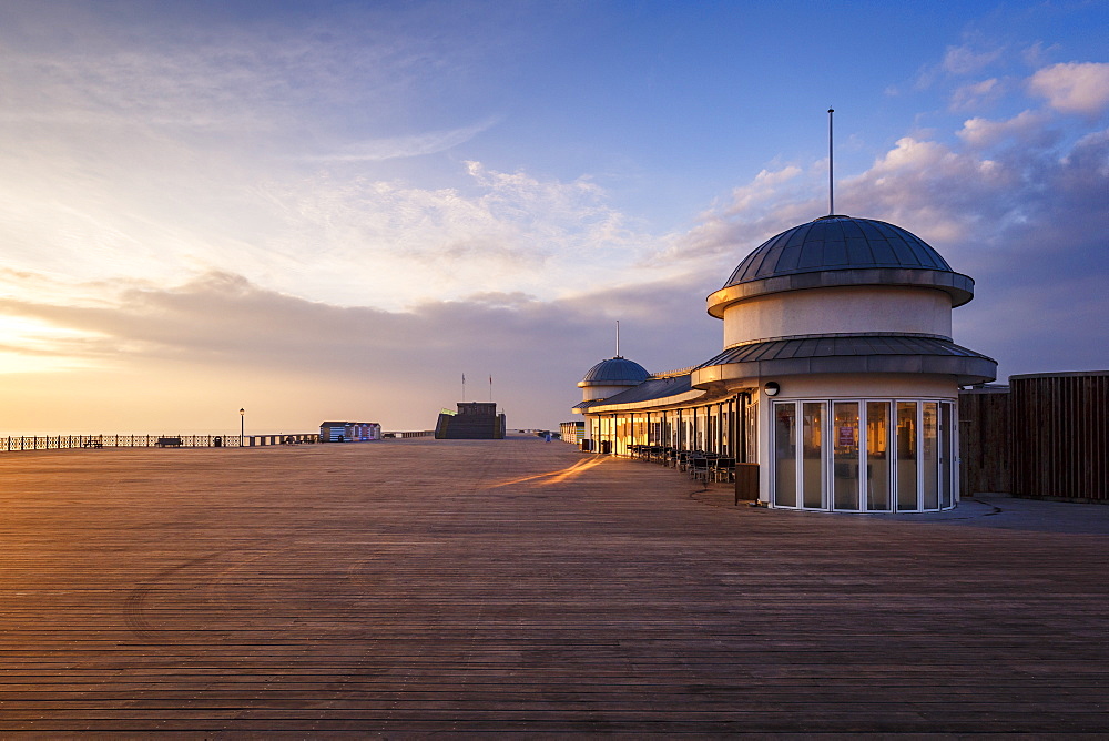 The pier at Hastings at sunrise, Hastings, East Sussex, England, United Kingdom, Europe