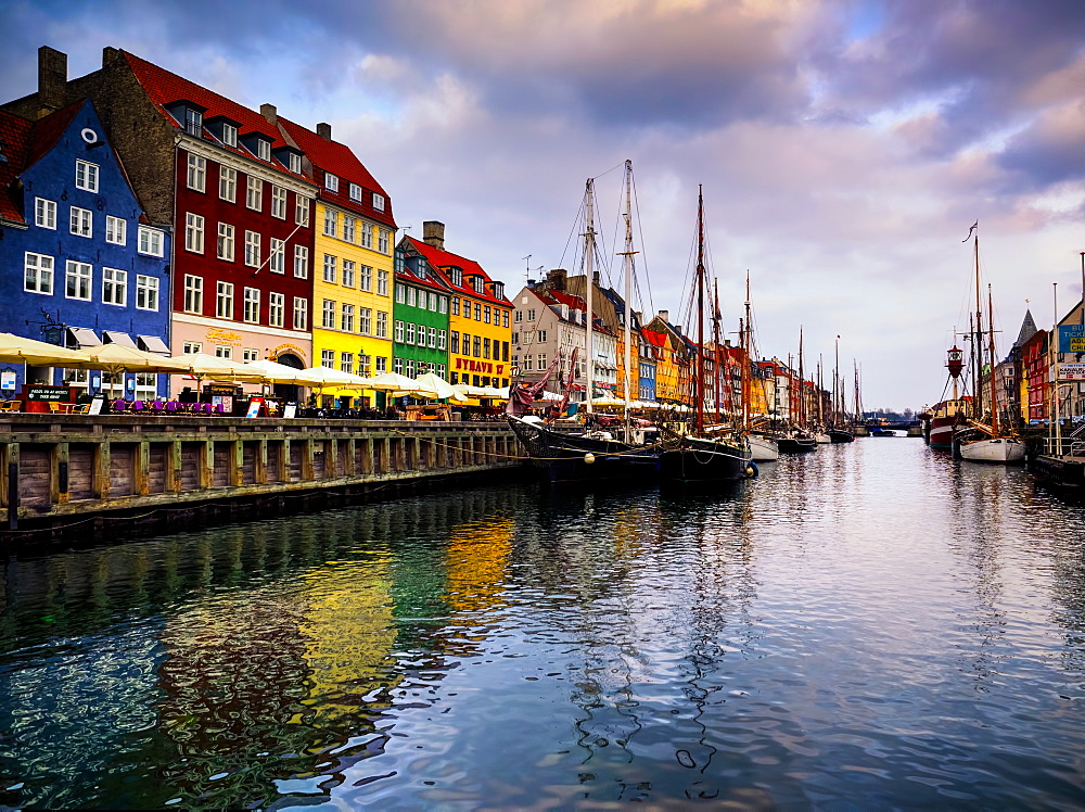 Sunset at Nyhavn, Copenhagen, Denmark, Scandinavia, Europe