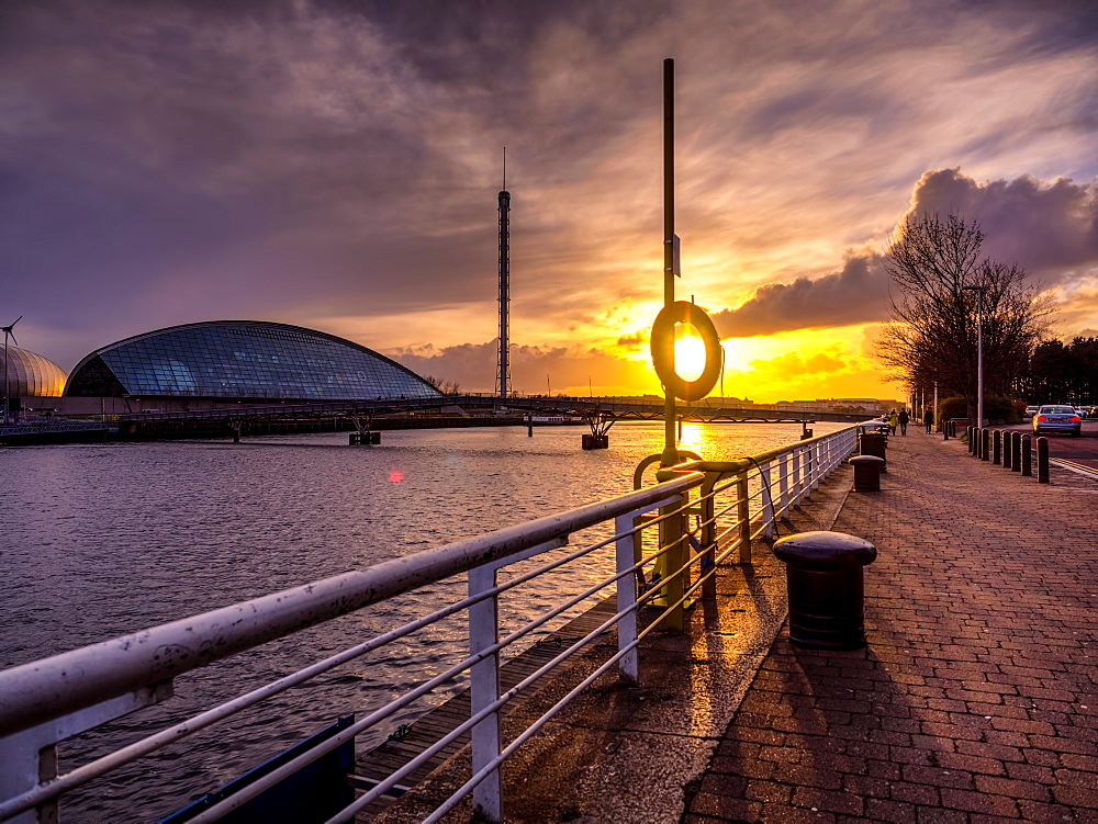 A stunning sunset over the River Clyde, Glasgow, Scotland, United Kingdom, Europe