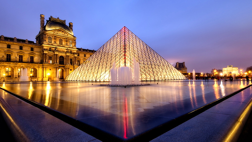 Louvre and Pyramide at dusk, Paris, France, Europe