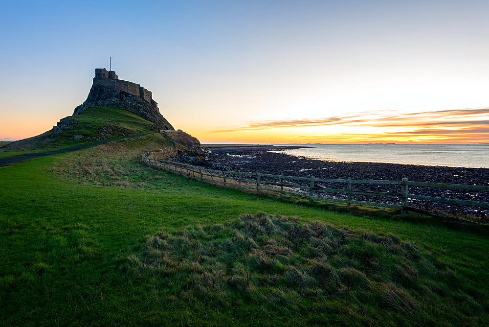 Lindisfarne Castle at sunrise, Holy Island, Northumberland, England, United Kingdom, Europe