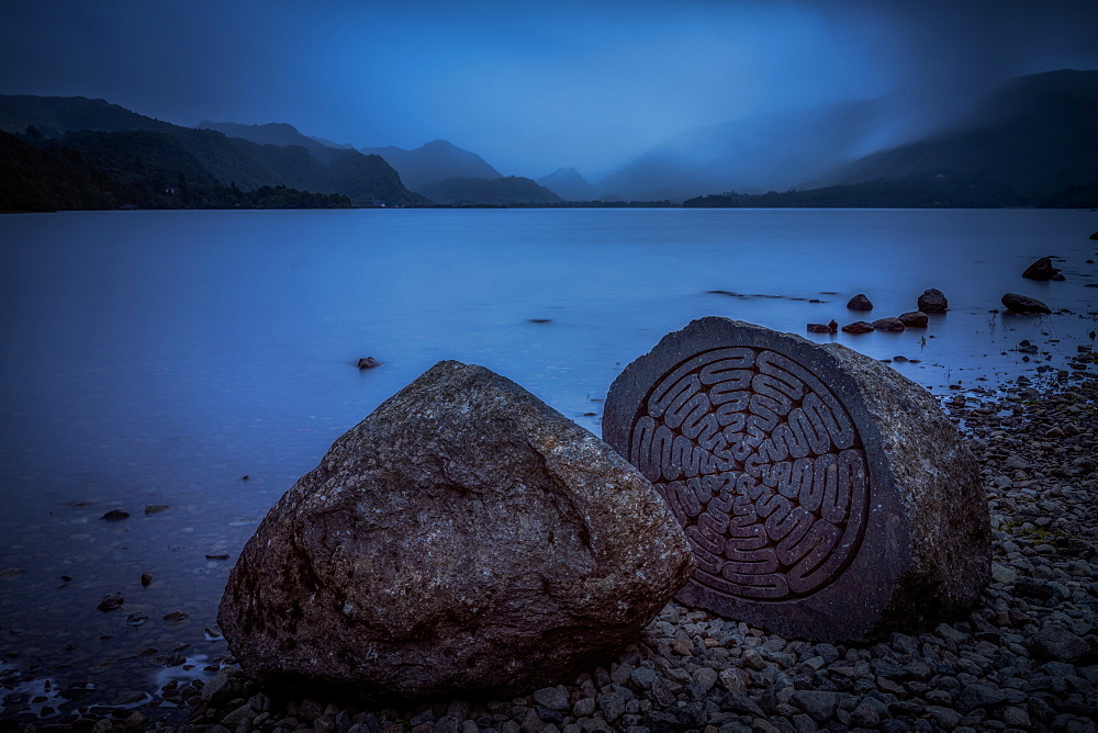 National Trust Centenary Stone, Derwent Water, Lake District National Park, UNESCO World Heritage Site, Cumbria, England, United Kingdom, Europe