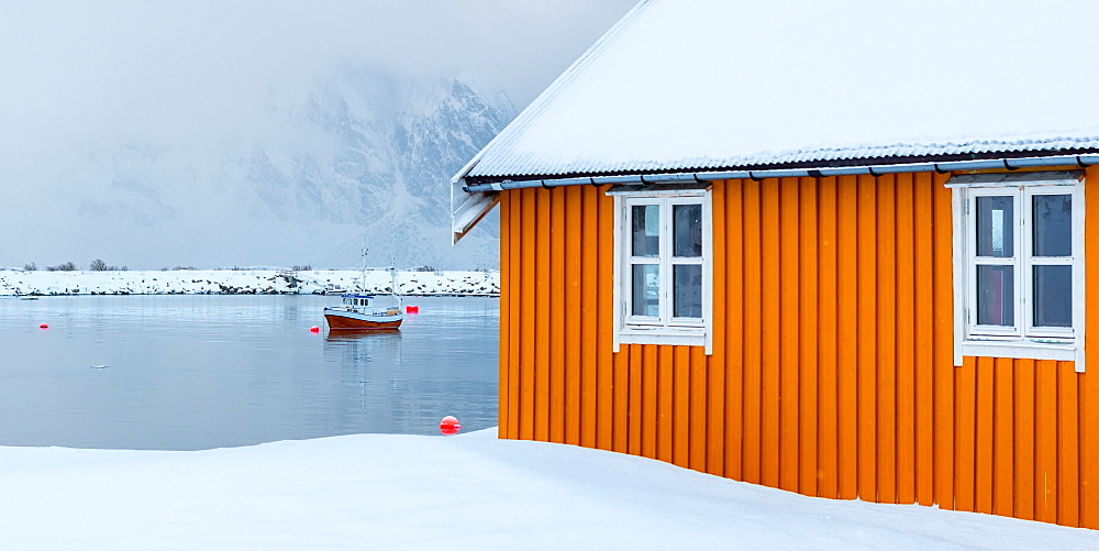 Rorbuer hut and fisherman's boat, Lofoten islands, Nordland, Arctic, Norway, Europe