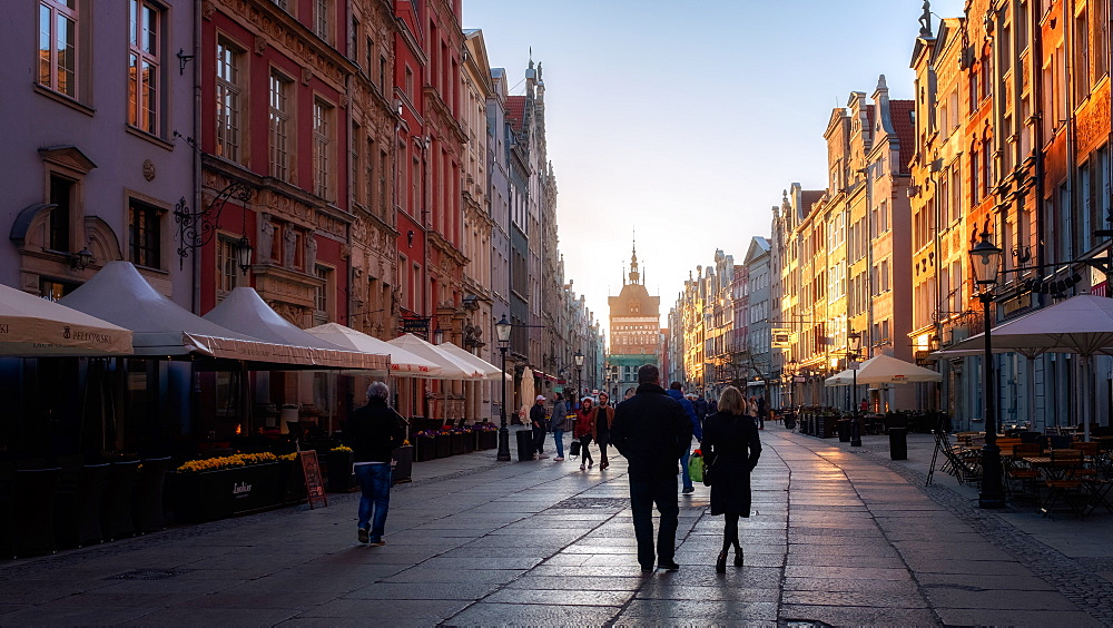 Dlugi Targ Street looking towards the Golden Gate of Gdansk, Poland, Europe