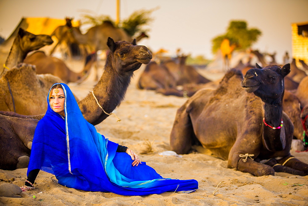 Girl with camels at the Pushkar Camel Fair, Pushkar, Rajasthan, India, Asia