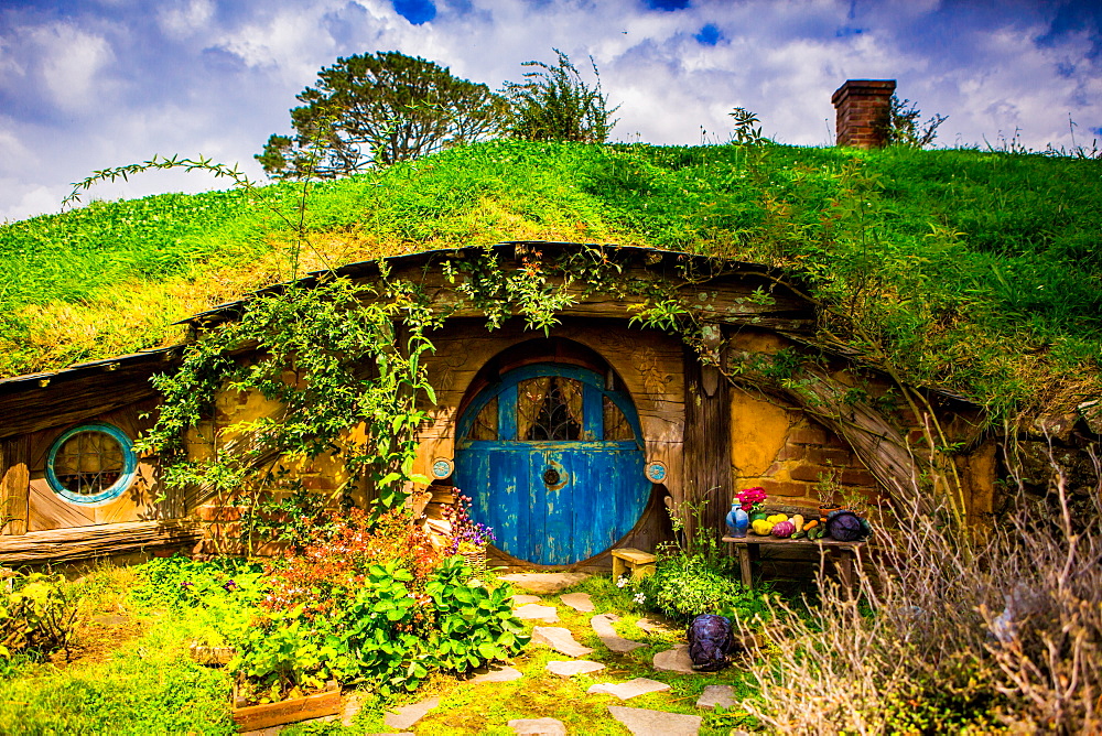 Front door of a Hobbit House, Hobbiton, North Island, New Zealand, Pacific