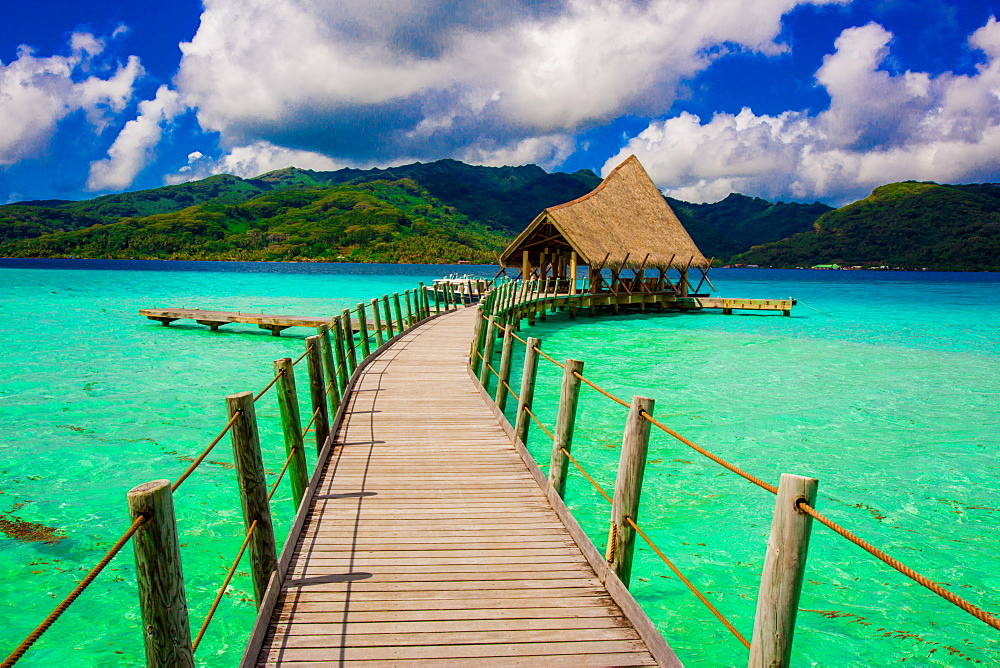 Overwater bungalow pier, Le Taha'a Resort, Tahiti, French Polynesia, South Pacific, Pacific