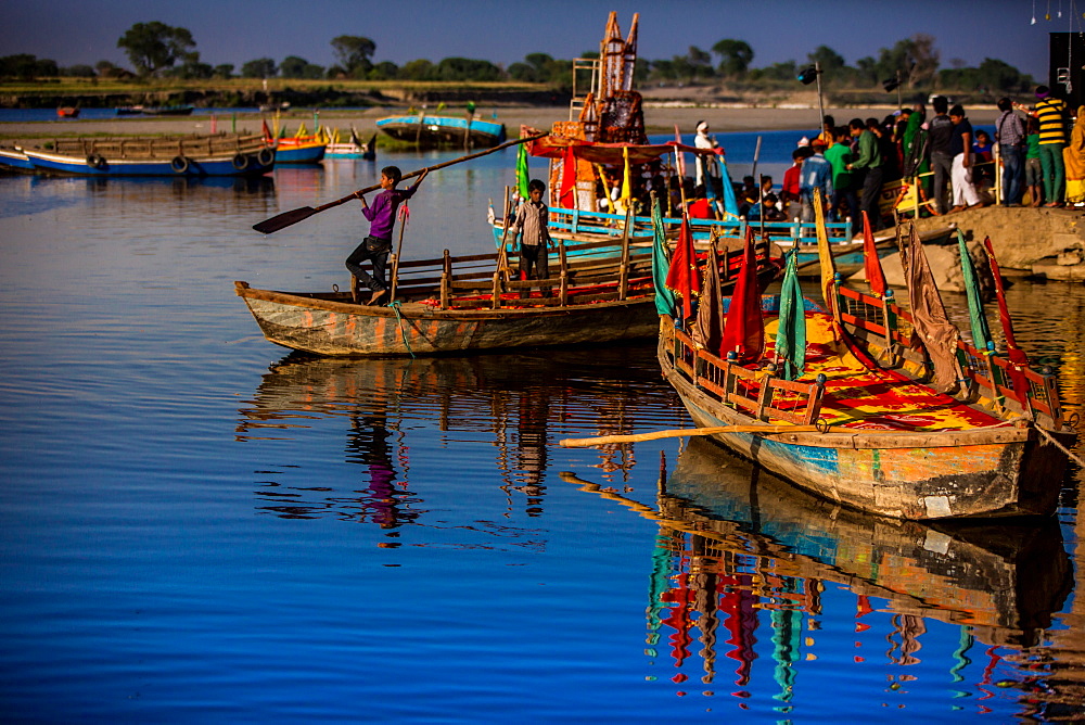 Colorful boats at the Holi Festival, Vrindavan, Uttar Pradesh, India, Asia