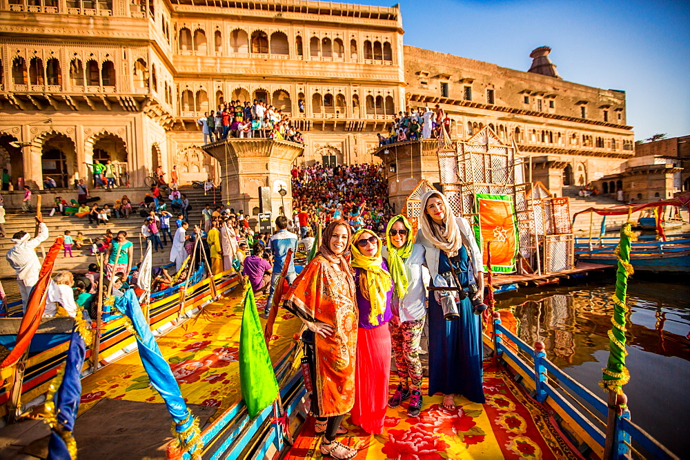 Travelers participating in the Flower Holi Festival, Vrindavan, Uttar Pradesh, India, Asia