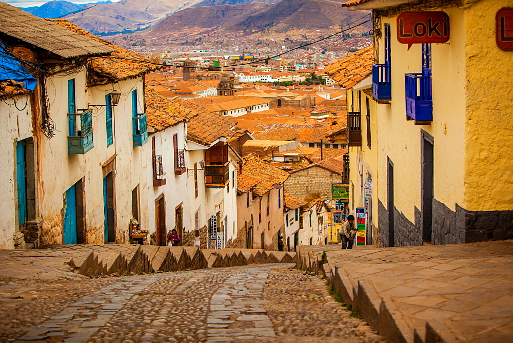 Cobblestone street scene, Cusco, Peru, South America