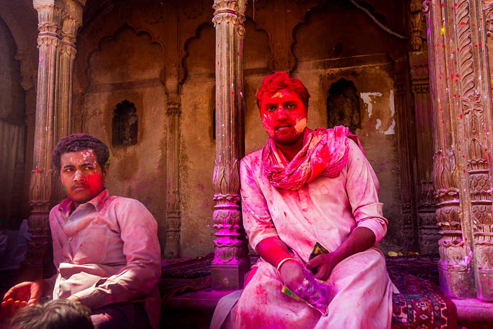 Man covered in red pigment, Holi Festival, Vrindavan, Uttar Pradesh, India, Asia