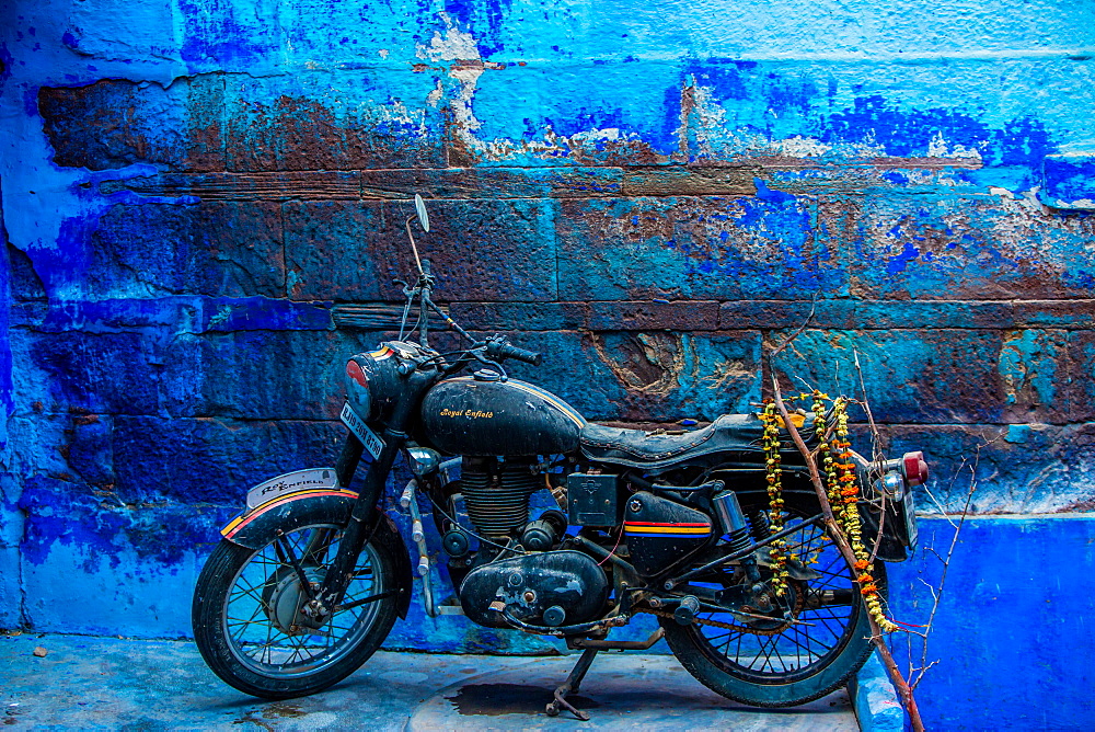 Motorcycle parked on the street of Jodhpur, the Blue City, Rajasthan, India, Asia